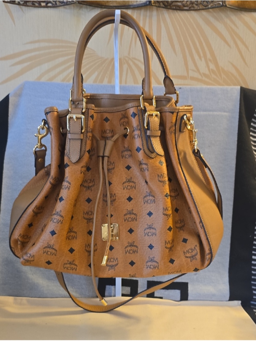 MCM Cognac Visetos Drawstring Satchel with Gold Hardware